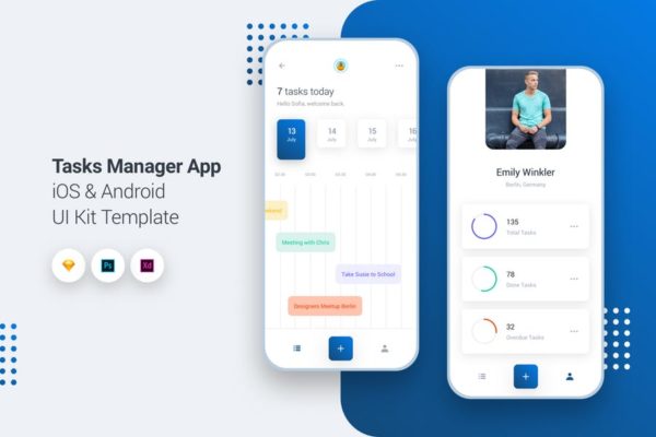 任务管理APP应用UI界面设计模板素材 Task Manager App iOS & Android UI Kit Template