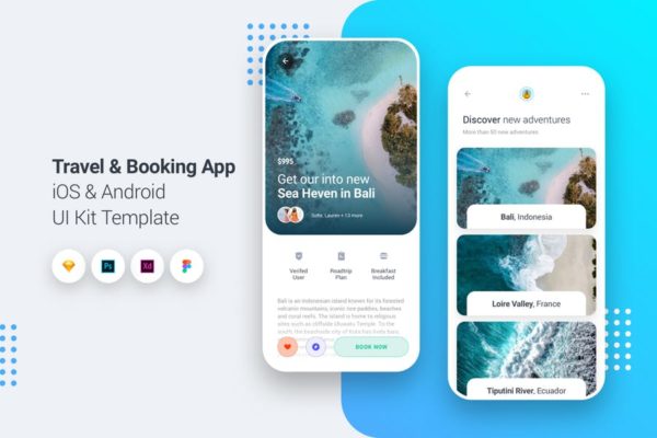 旅行&酒店预订APP设计套件素材 Travel & Booking App iOS & Android UI Kit Template