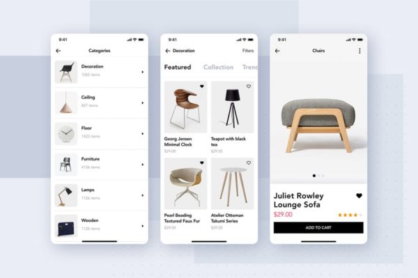 现代家具商城应用用户UI界面设计模板素材 Furniture Shop Mobile App UI Concept