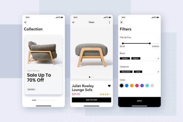 家具网上商城APP应用商品列表筛选交互界面UI设计模板素材 Furniture Shop Mobile App UI Concept