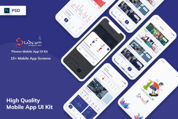 健身APP应用设计Ui Kits素材套件 Stadeum – Fitness Mobile App UI Kit (PSD)