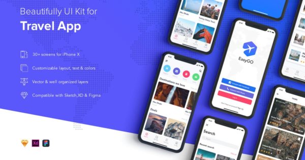 旅行旅游APP界面设计Ui Kits素材套件SKETCH设计素材模板 EasyGo – Travel App UI Kit for SKETCH