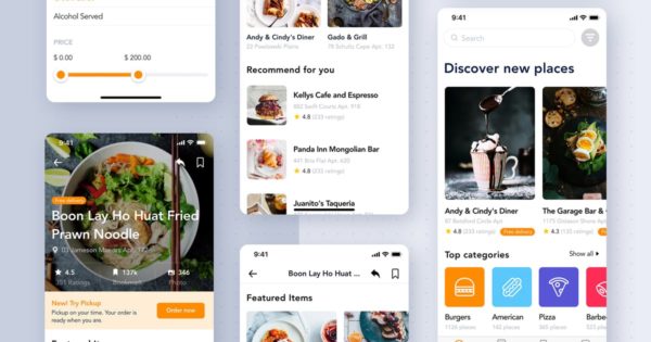类美团饿了么外卖点餐APP应用UI界面设计SKETCH设计素材模板 Food Delivery App UI Kit for SKETCH