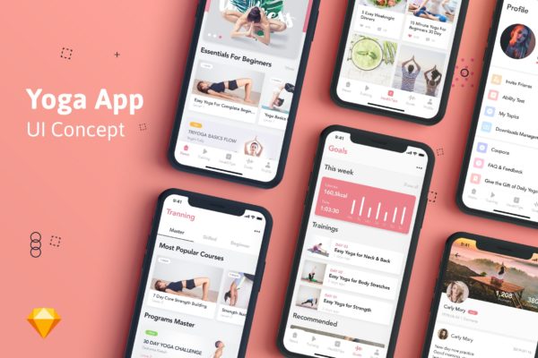 瑜伽健身应用程序UI用户界面工具包SKETCH设计素材模板 Yoga Fitness App UI Kit for SKETCH
