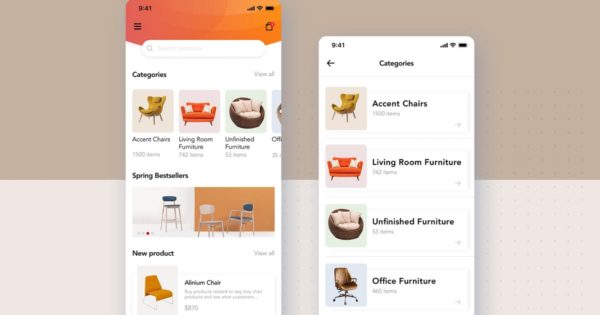 网上商城APP应用目录列表界面设计SKETCH设计素材模板 Furniture App category listing