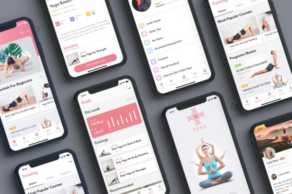 瑜伽健身APP应用程序UI工具包 Yoga Fitness App UI Kit for ADOBE XD