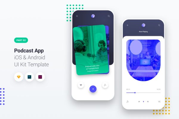 播客APP应用iOS&Android界面设计Ui Kits素材套件2 Podcast Player App iOS & Android UI Kit Template 2