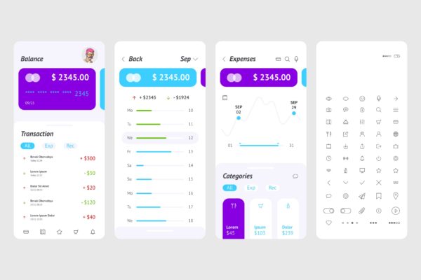 电子银行交易系统APP应用UI界面设计模板素材 UI vector Bank payment system