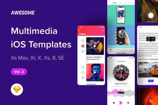 iOS手机多媒体应用UI设计套件SKETCH设计素材v2 Awesome iOS UI Kit – Multimedia Vol. 2 (Sketch)
