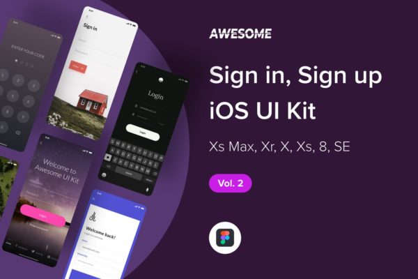 iOS手机应用注册登录界面设计Ui Kits素材套件v2 Awesome iOS UI Kit – Sign in / up Vol. 2 (Figma)
