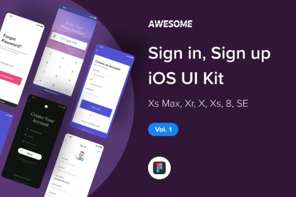 iOS手机应用注册登录界面设计Ui Kits素材套件v1 Awesome iOS UI Kit – Sign in / up Vol. 1 (Figma)