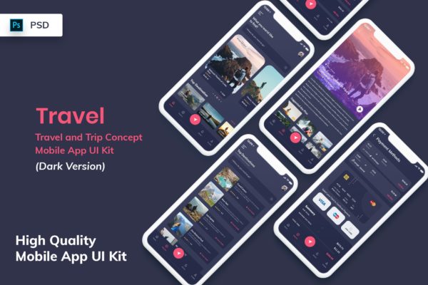 旅行旅游APP应用界面设计Ui Kits素材套件[酷黑版本] Travel Mobile App UI Kit Dark Version