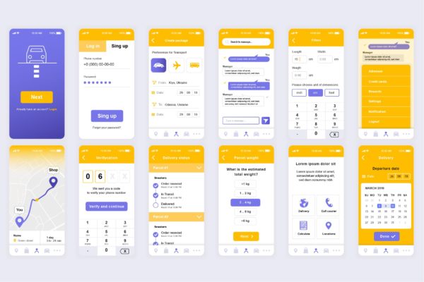 快递下单APP应用用户界面设计Ui Kits素材套件 Delivery Mobile App UI Kit
