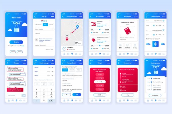 快递物流公司APP用户交互界面设计Ui Kits素材套件 Delivery Mobile App UX and UI Kit