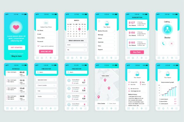 医疗健康APP应用用户界面设计Ui Kits素材套件 Medicine Mobile App UI Kit