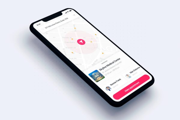 健康APP应用程序地图搜索界面设计模板素材 Map search UI mobile for Health App