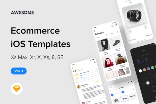 iOS手机网上商城APP应用UI设计套件SKETCH设计素材v1 Awesome iOS UI Kit – Ecommerce Vol. 1 (Sketch)