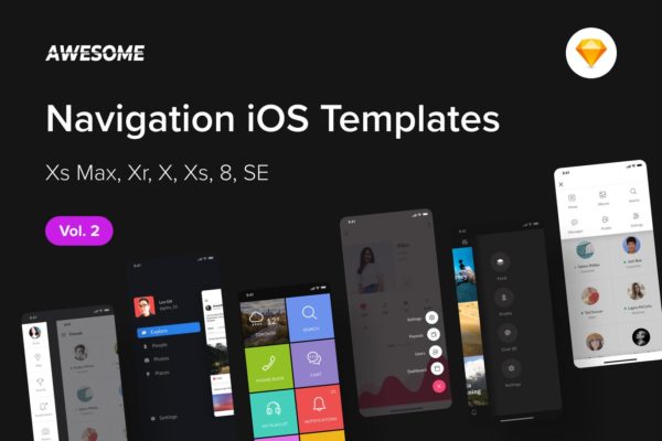 iOS手机应用导航栏菜单UI设计套件SKETCH设计素材v2 Awesome iOS UI Kit – Navigation Vol. 2 (Sketch)