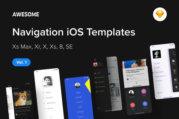 iOS手机应用导航栏菜单UI设计套件SKETCH设计素材v1 Awesome iOS UI Kit – Navigation Vol. 1 (Sketch)