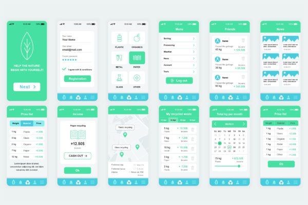 垃圾分类回收利用APP应用界面设计Ui Kits素材套件 Ecology Mobile App UI Kit