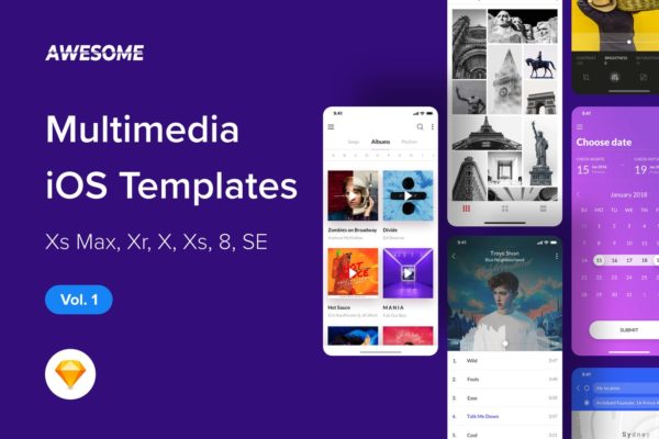 iOS手机多媒体应用UI设计套件SKETCH设计素材v1 Awesome iOS UI Kit – Multimedia Vol. 1 (Sketch)