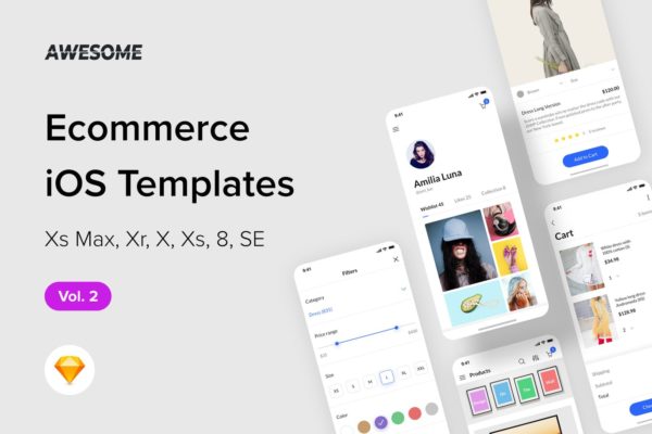 iOS手机网上商城APP应用UI设计套件SKETCH设计素材v2 Awesome iOS UI Kit – Ecommerce Vol. 2 (Sketch)