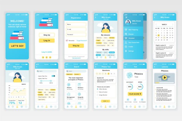 在线教育APP用户交互界面设计Ui Kits素材套件 Education Mobile App UX and UI Kit