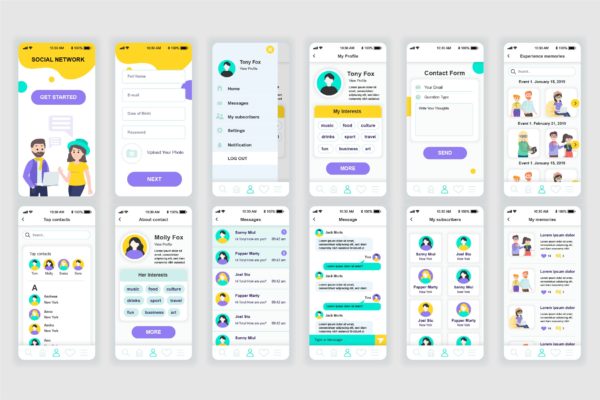 创意社交平台APP用户交互界面设计Ui Kits素材套件 Social Network Mobile App UX and UI Kit