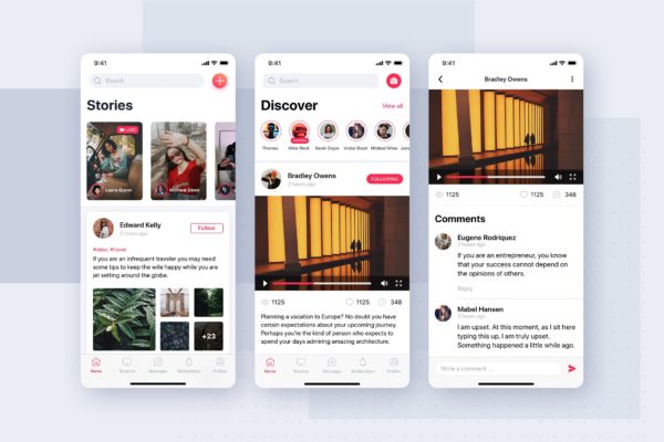 社交媒体新媒体APP应用UI设计模板素材 Social mobile app UI template