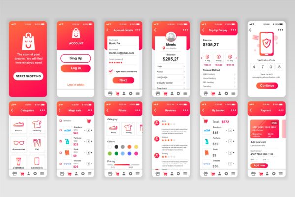 网上商城APP应用用户界面设计Ui Kits素材套件 Shopping Mobile App UX and UI Kit