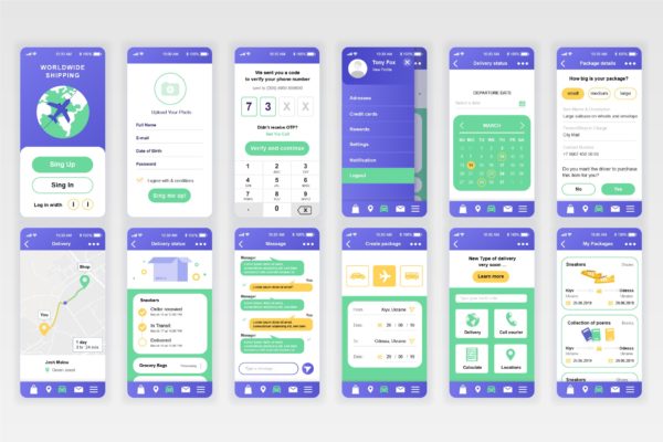 快递物流APP应用用户交互界面设计Ui Kits素材套件 Delivery Mobile App UX and UI Kit