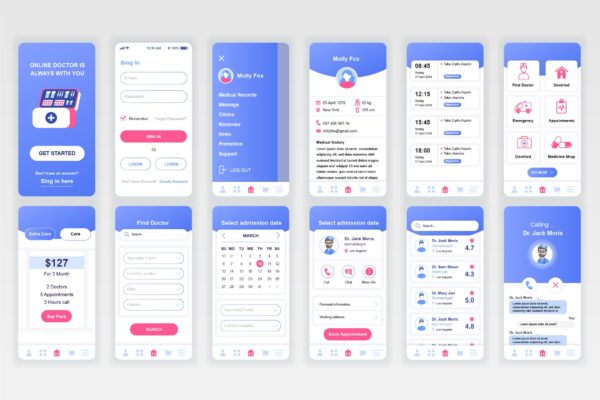 网上挂号/医生预约平台APP应用用户交互界面设计Ui Kits素材套件 Medicine Mobile App UX and UI Kit