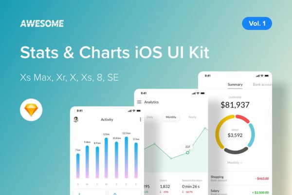 iOS手机数据统计类APP应用UI界面设计SKETCH设计素材v1 Awesome iOS UI Kit – Stats, Charts Vol. 1 (Sketch)