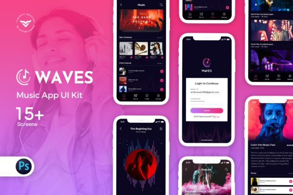 网络音乐听歌APP应用UI设计套件 Waves: Music Mobile App UI Kit