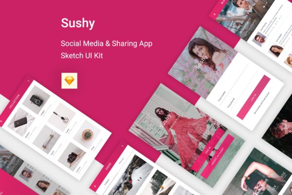社交媒体&社交分享主题APP应用SKETCH设计套件 Sushy – Social Media Ui Kit for Sketch App