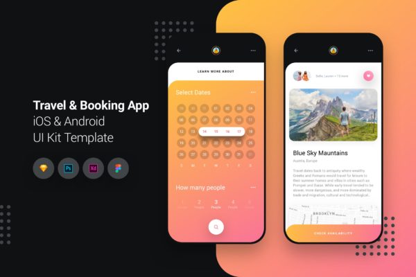 iOS&Android手机旅游&酒店预订APP应用Ui Kits素材套件模板 Travel & Booking App iOS & Android UI Kit Template