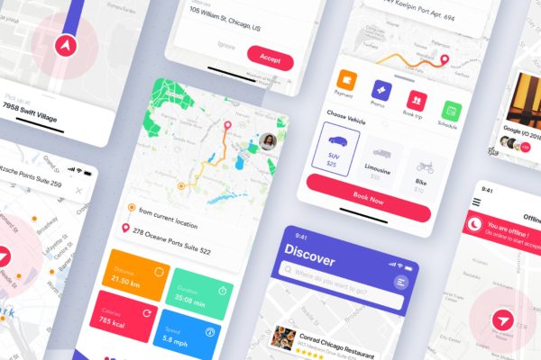 地图导航概念APP应用UI设计模板素材 Map & Navigation UI concept for mobile app
