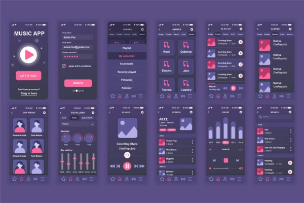 在线音乐APP用户交互界面设计Ui Kits素材套件 Music Mobile App UX and UI Kit