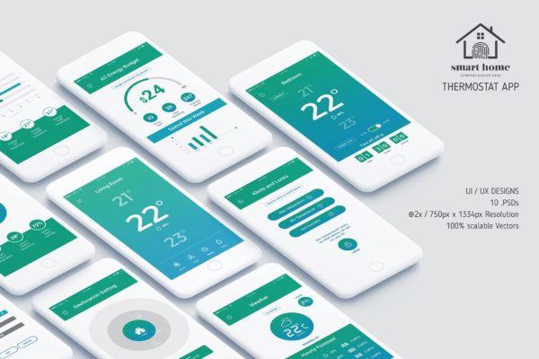 智能家居APP应用用户交互界面设计Ui Kits素材套件 Thermostat App UI Kit