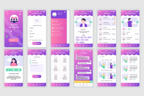 社交网络APP用户交互界面设计Ui Kits素材套件 Social Network Mobile App UX and UI Kit