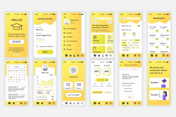 在线教育&网络教育APP用户交互界面设计Ui Kits素材套件 Education Mobile App UX and UI Kit