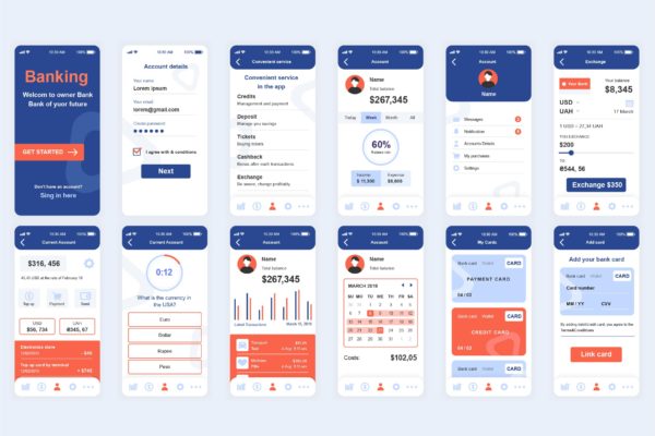 网上银行手机银行APP应用开发设计Ui Kits素材套件 Banking Mobile App UI Kit