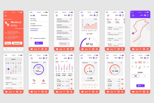 健身计划APP应用界面设计Ui Kits素材套件 Fitness Mobile App UI Kit