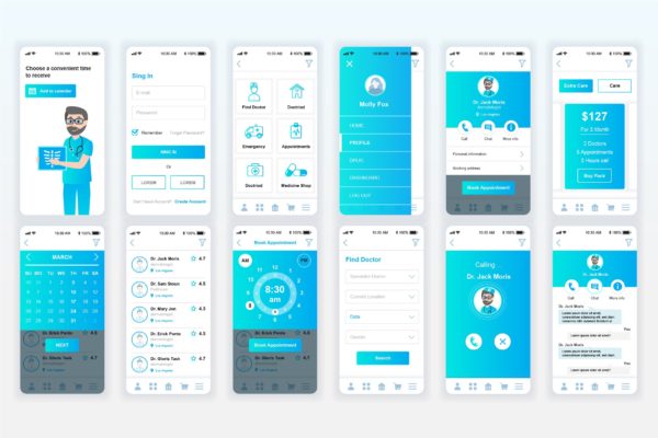 科室医生预约挂号APP用户交互界面设计Ui Kits素材套件 Medicine Mobile App UX and UI Kit