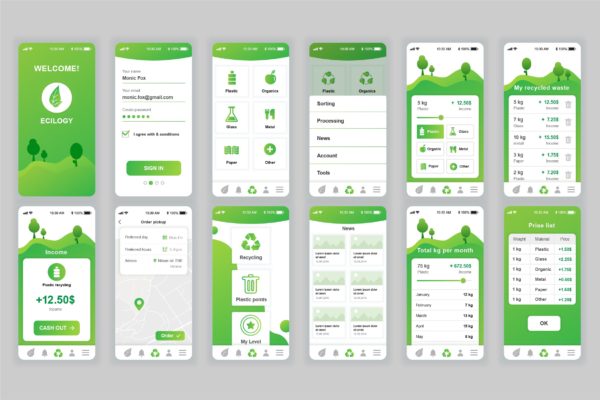 绿色能源垃圾分类回收APP用户交互界面设计Ui Kits素材套件 Ecology Mobile App UX and UI Kit