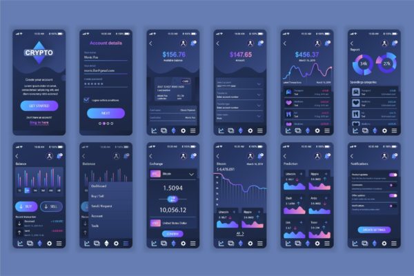 比特币加密货币交易平台APP应用界面设计Ui Kits素材套件 Cryptocurrency Mobile App UX and UI Kit