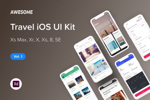 iOS平台旅游类APP应用设计Ui Kits素材套件XD模板v1 Awesome iOS UI Kit – Travel Vol. 1 (Adobe XD)