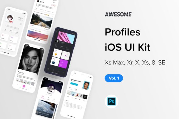 iOS平台职场社交APP应用个人中心界面设计Ui Kits素材套件PSD模板v1 Awesome iOS UI Kit – Profiles Vol. 1 (Photoshop)