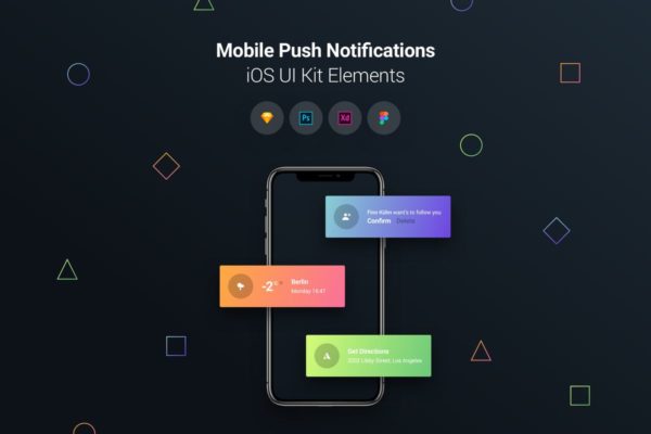 iOS手机应用Push通知界面UI设计模板素材 Mobile Push Notifications – iOS UI Kit Elements