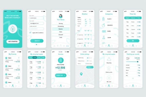 垃圾分类回收环保主题APP应用开发设计Ui Kits素材套件 Ecology Mobile App UI Kit